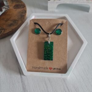 Set bijuterii din rășină epoxidică cu sclipici verde si otel inoxodabil. -  Glitter